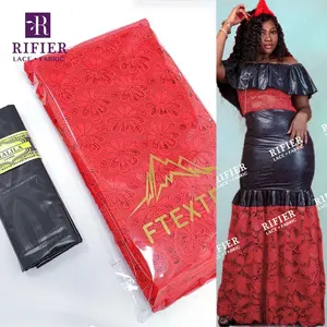 Red And Black Dry Lace With Rhinestones And Bazin Riche Fabric For African Women Swiss Voile Lace Fabric Top Quality Bazin Riche