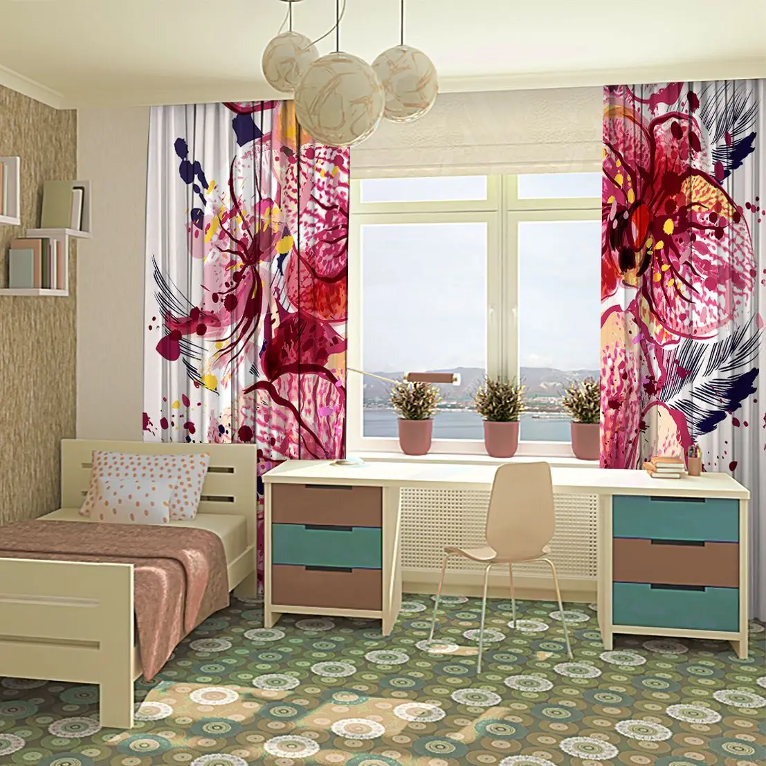 Штора Орхидея цветы краски брызги современный красочный акварельный стиль