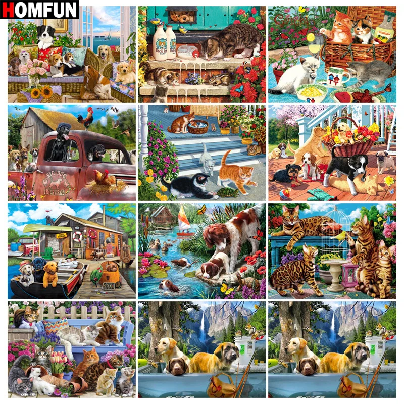 

Алмазная 5d картина HOMFUN, картина «Кот, собака, рыба», полная вышивка, домашний декор, «сделай сам»