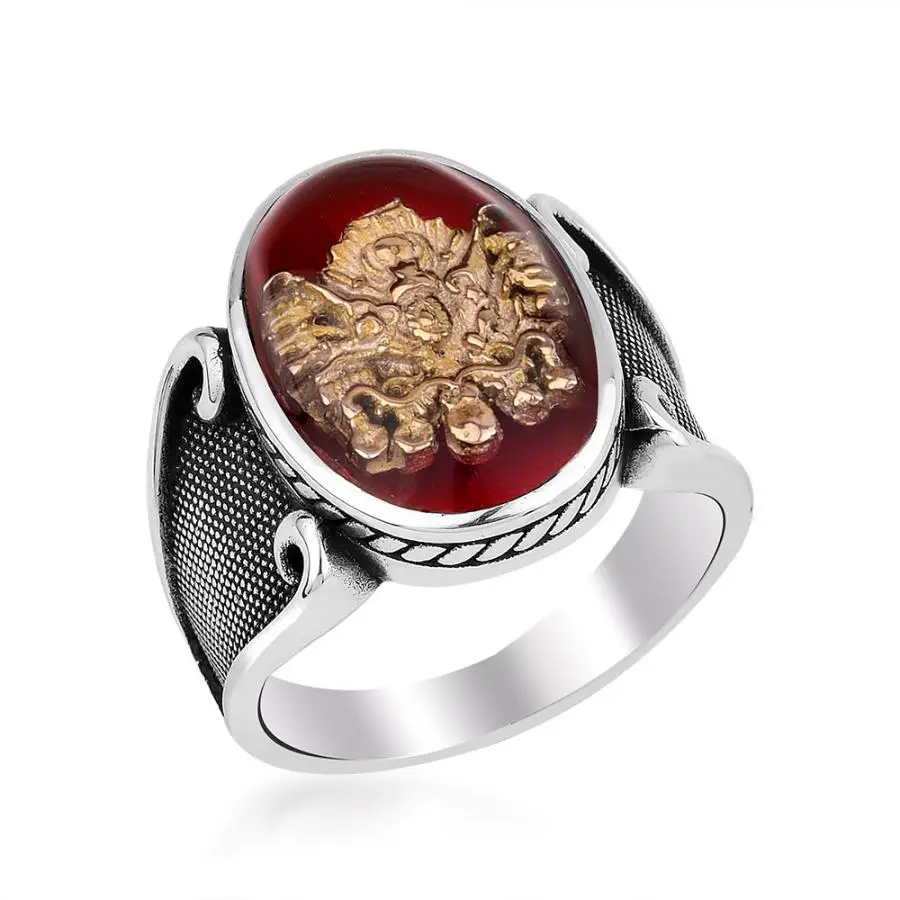 

Round Red Onyx Gemstone Ring Men Ottoman Coat of Arms Vintage Jewelry 925 Sterling Silver Turkish Accessories Gifts Fashion New