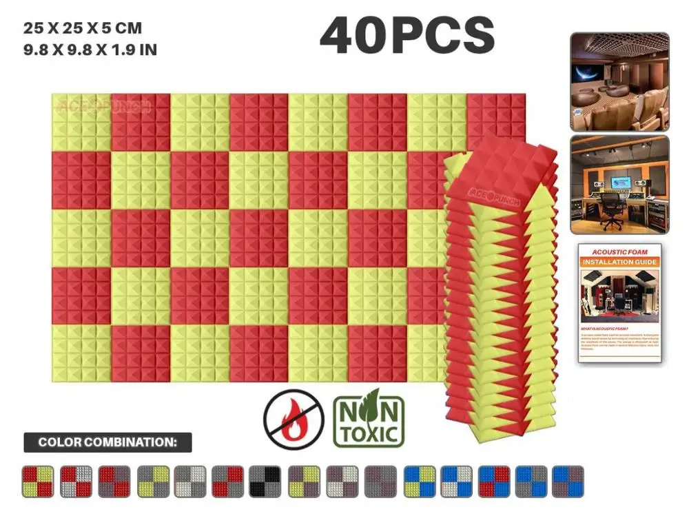 Yellow and Red Arrowzoom 40 шт. в упаковке цветная комбинация 9," x 9,8" x 1," Пирамида плитка студия Звукопоглощающая Панель акустическая пена AZ1034 - Цвет: Yellow and Red