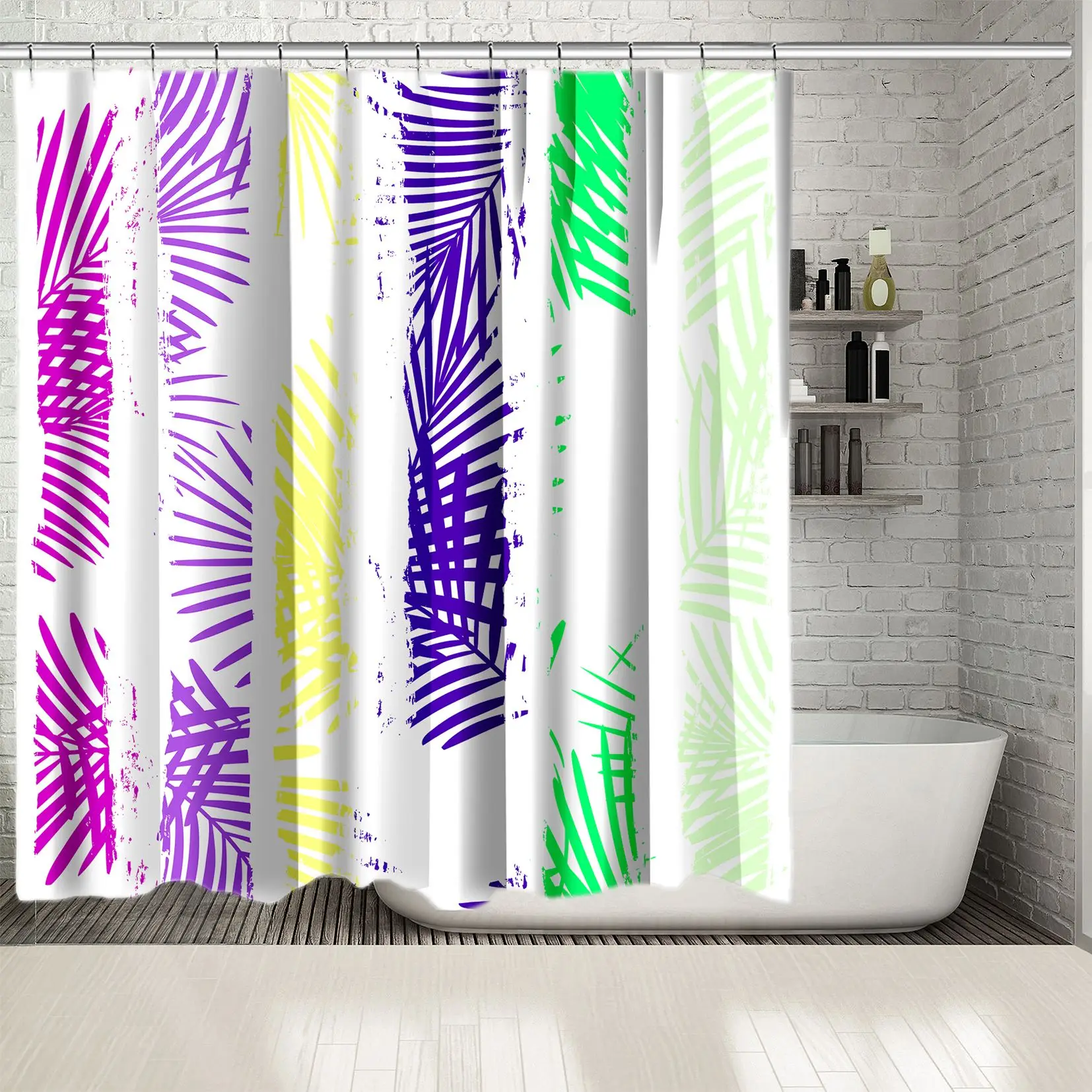 

Shower Curtain Palm Leaves Exotic Plant on Stipes Summer Tropical Theme Vibrant Colored Artwork Green Purple Yellow