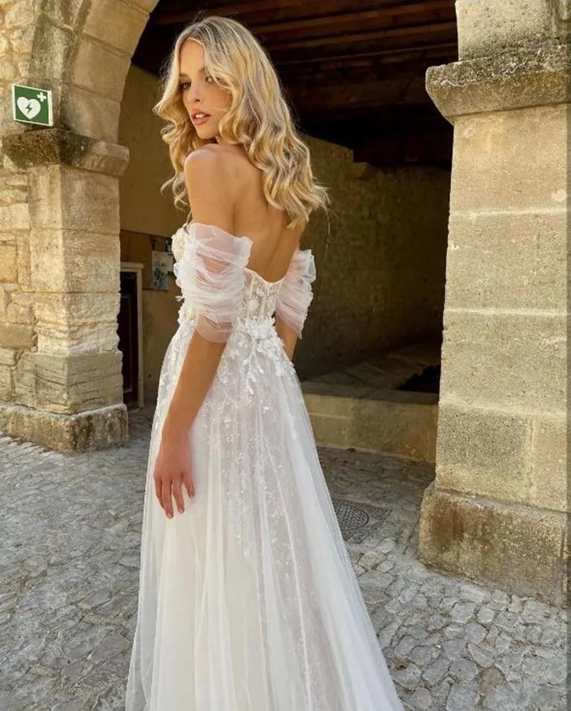 Off Shoulder Boho Wedding Dresses For Women 2022 Tulle Sweetheart Beach Bridal Gown Pleated Sleeves Illusion Summer grace kelly wedding dress