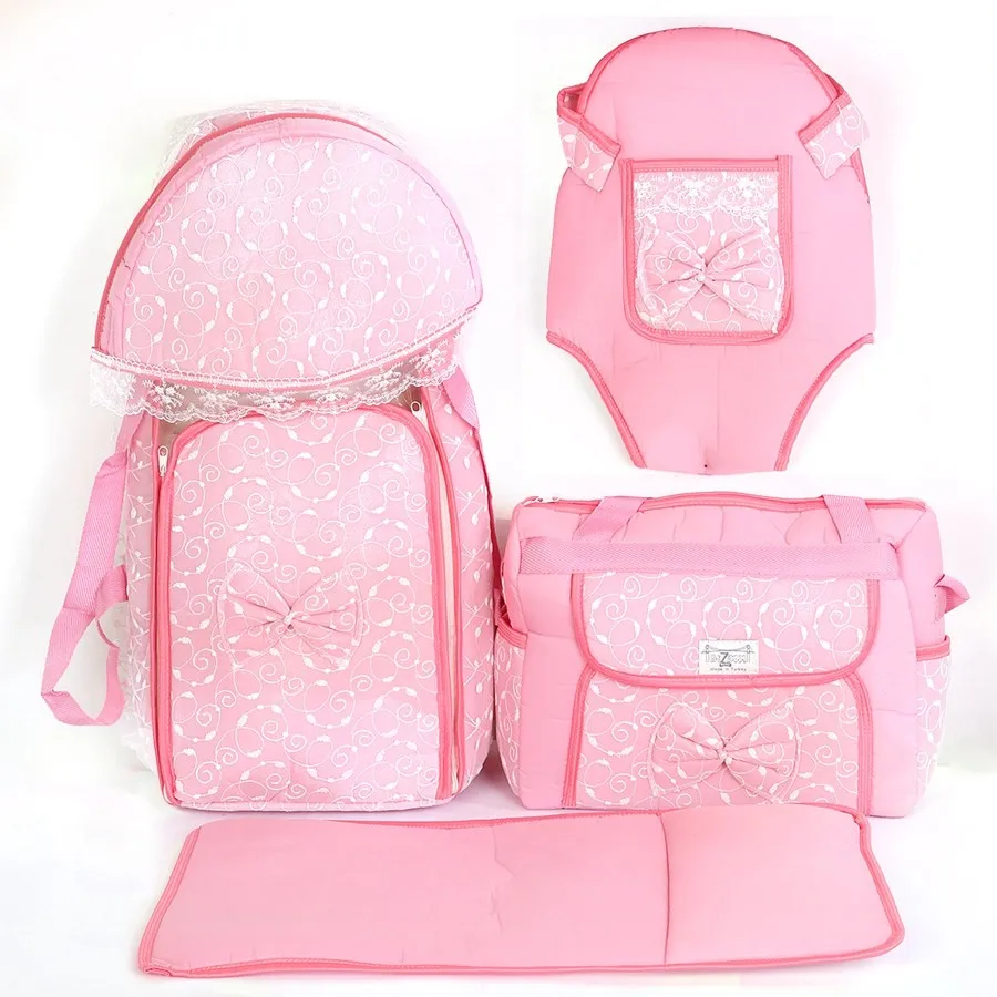 Girl Baby Carry Set Pink 4 PCs suit Portbebe Care Bag from shoulder and a Belt in Waist Kangaroo Bottom opening parts