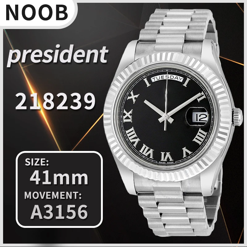 

Men Mechanical Watch 41mm Day-Date II 218239 White Gold 1:1 Best Edition President Bracelet Noob Black Dial A3156 Watch replica