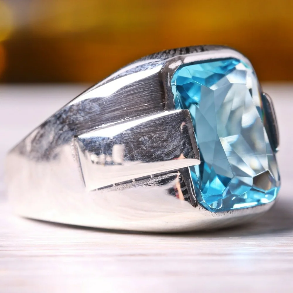 

Silver men's ring 925 sterling Turkish handmade jewelry aquamarine all size