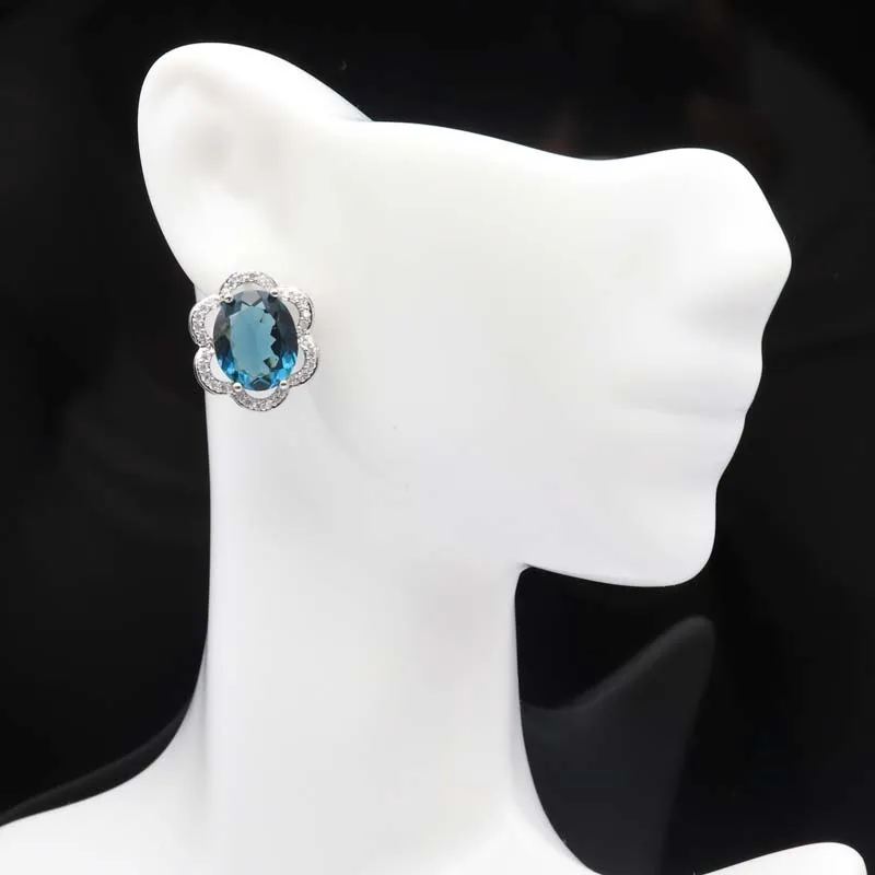 

17x15mm Luxury Created Dark London Blue Topaz White CZ For Sister Present Silver Earrings