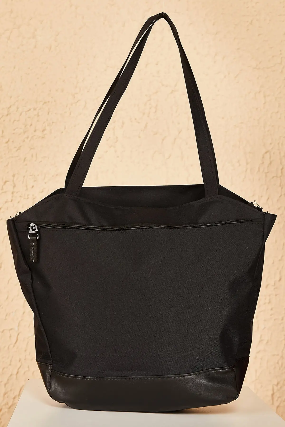 

Women's Black White Striped Bottom Part Leather Detail Shoulder Bag