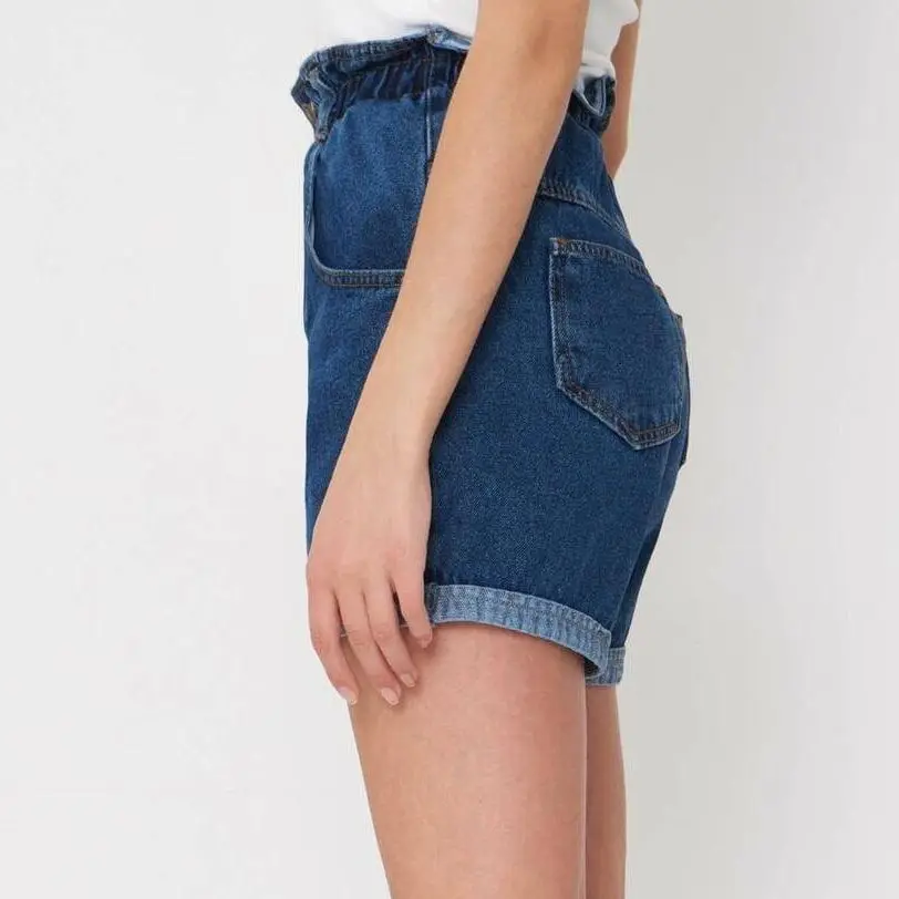 2021 Summer High Waist Denim Shorts Women Casual Loose Ladies Fashion Roll Up Hem Elastic Pocket Blue White Jeans Female