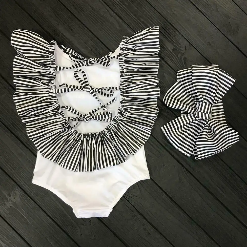Детский купальный костюм с рюшами для девочек в полоску лета 2020|Комбинезоны| |