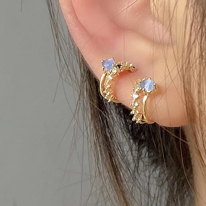 

Exquisite Blue Transparent Stone Geometric Hoop Earrings New Design Copper Metal Zircon Leaf Vintage Earring Korea Trend Jewelry