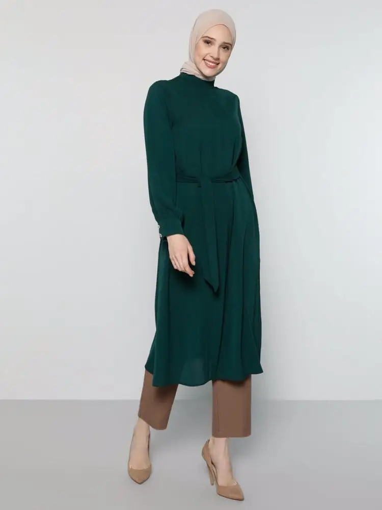 

Refka Stone Buttoned Waist Detailed Tunic Long Sleeve Tops Elastic Fabric Muslim Women 2021 Autumn Summer Fashion Hijab Dubai