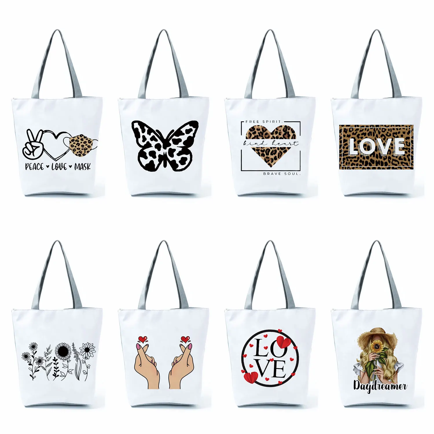 

Customized Simple Reusable Portable Shopping Bag Leopard Love Print Tote High Capacity Shoulder Bags Fashion Creativity Handbags