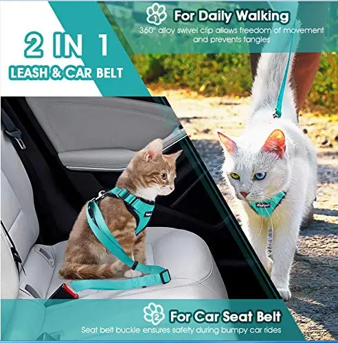 Отражающий жилет-поводок для кошек с адаптером для автомобильного сиденья в подарок. Регулируемая мягкая сетчатая конструкция для котят и щенков для прогулок.