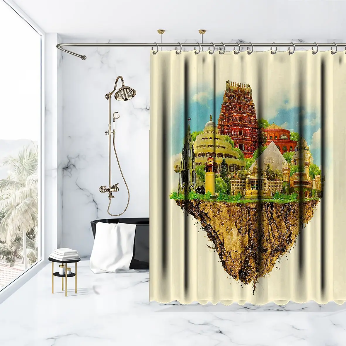 Душ занавеска дерево плавающий остров горячий воздушный шарик и самолет в небе