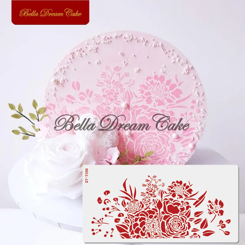 

Peony Flower Cluster Cake Stencil PET Chocolate Cake Border Template Royal Cream Mould Cake Decorating Tools Baking Accessories