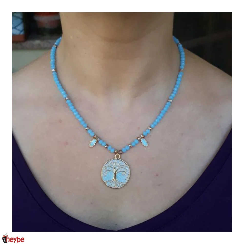 

Blue Handmade Tree of Life Necklace, Turquoise Glass Cover Golden Tree Pendant, Unisex Anniversary Gift Ideas for Men Women, Luxury Stylish Accessory Art Design High Quality Creative Beautiful 2021 New Fashion Choker