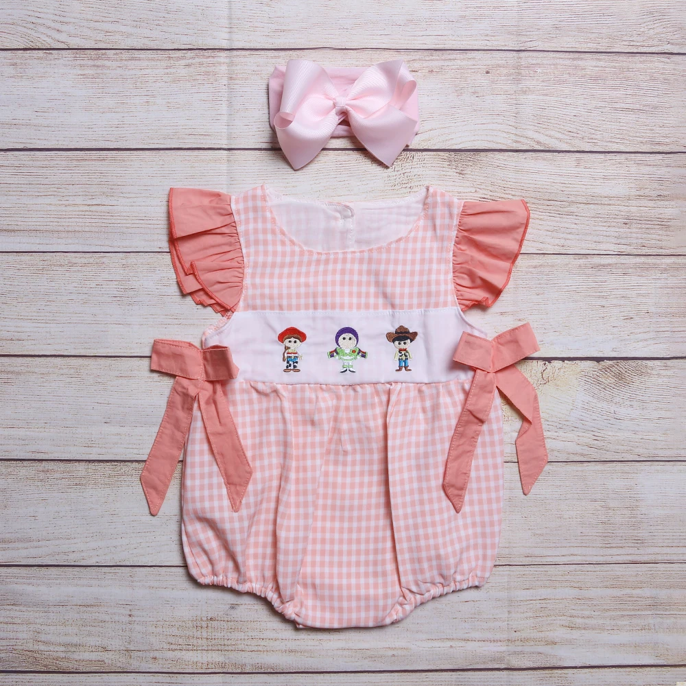 

Summer Clothes One- Piece For Girls Cute Pink Bow Cartoon Floral Romper Toddler Infant Pink Lattice Jumpsuit For 0-3T Baby