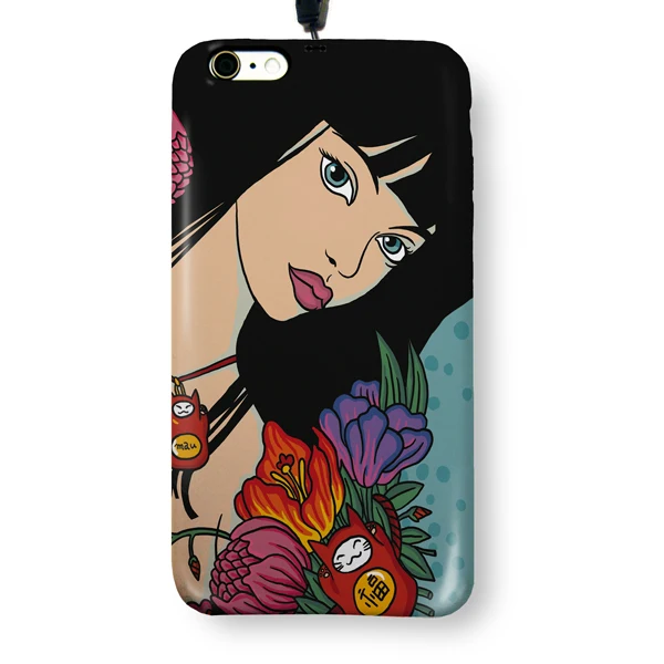 Чехол пластиковый для айфона 6/6S &quotДевушка и манеки-неко&quot с ланъярдом |