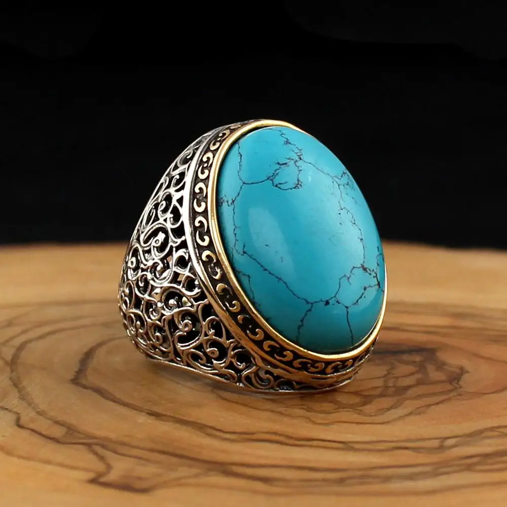 Bague en pierre d'agate Feroza naturelle en argent regardé 925 pur pour hommes et femmes, bijoux faits à la main de haute qualité, mode vintage, punk, rétro, Zunderes on Onyx, cadeau, style turc, accessoire pour hommes, toutes tailles