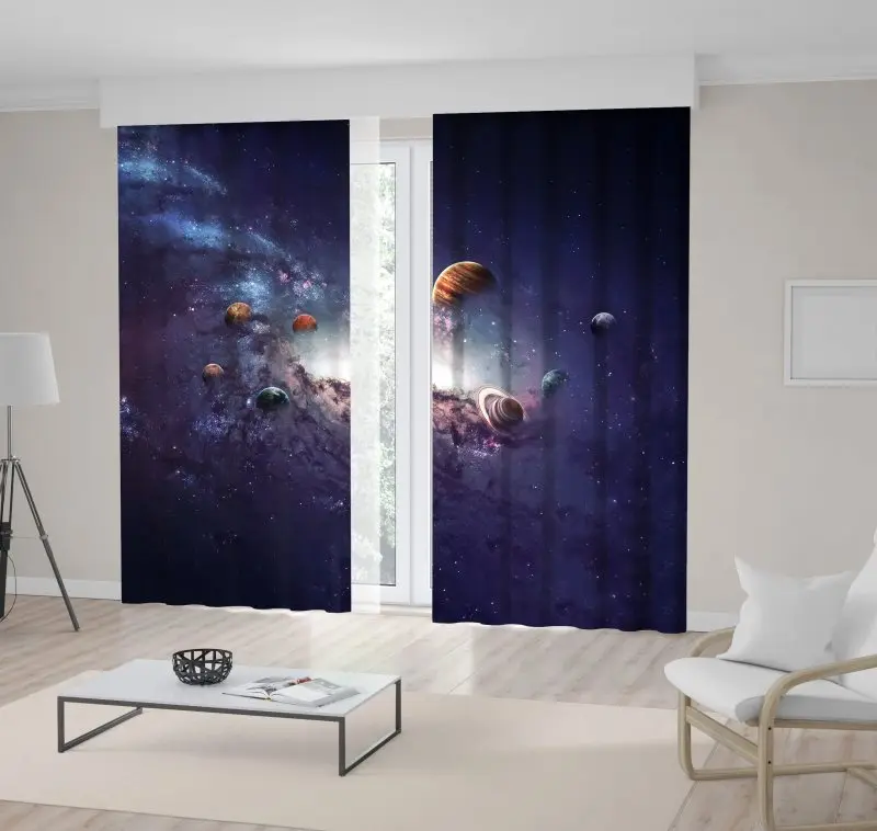 

Curtain Planets Solar System of Stars and Nebula Magical Universe Futuristic Artwork Printed Purple Blue Brown