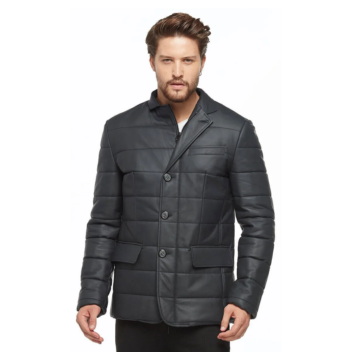 Блейзер Morazzi надувной кожаный жакет темно-синяя овчина осень-зима 2022 Байкерский