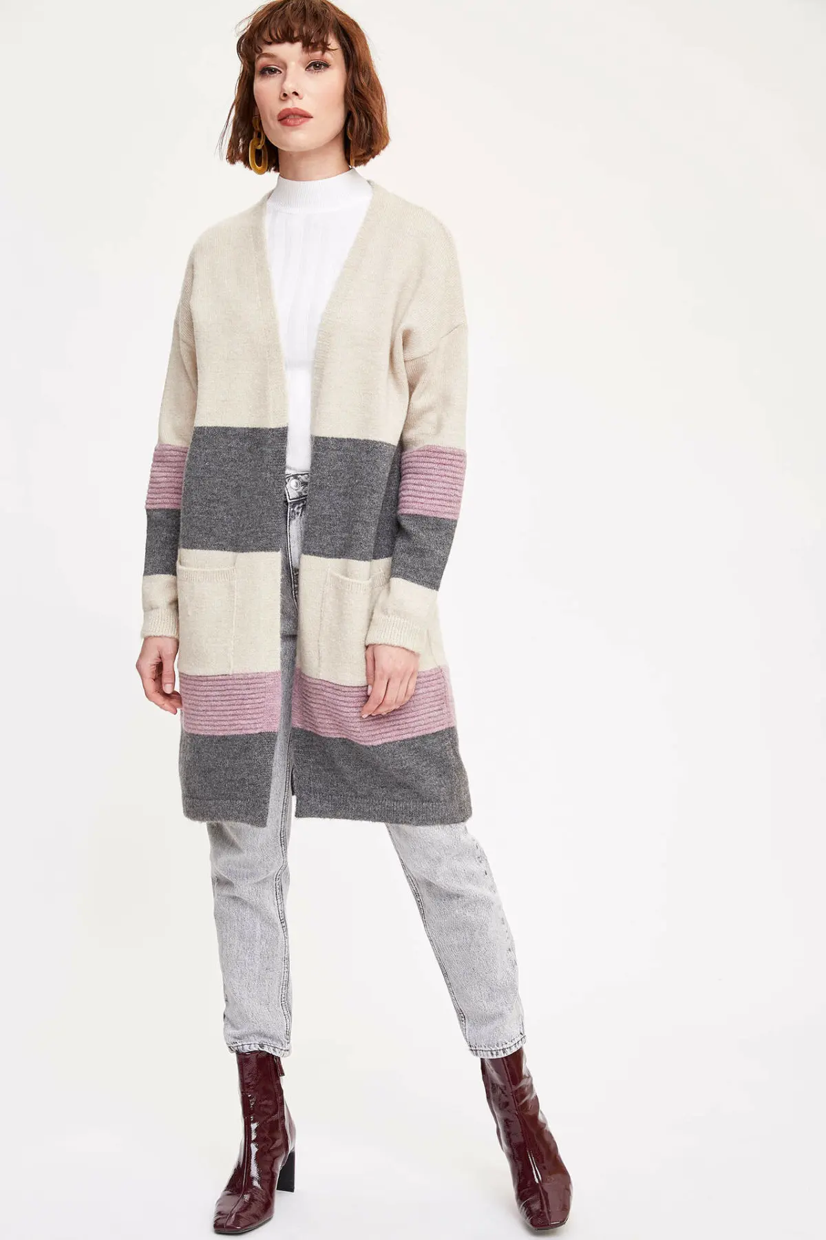 DeFacto Женский Повседневный длинный кардиган вязаный полосатый желтый розовый