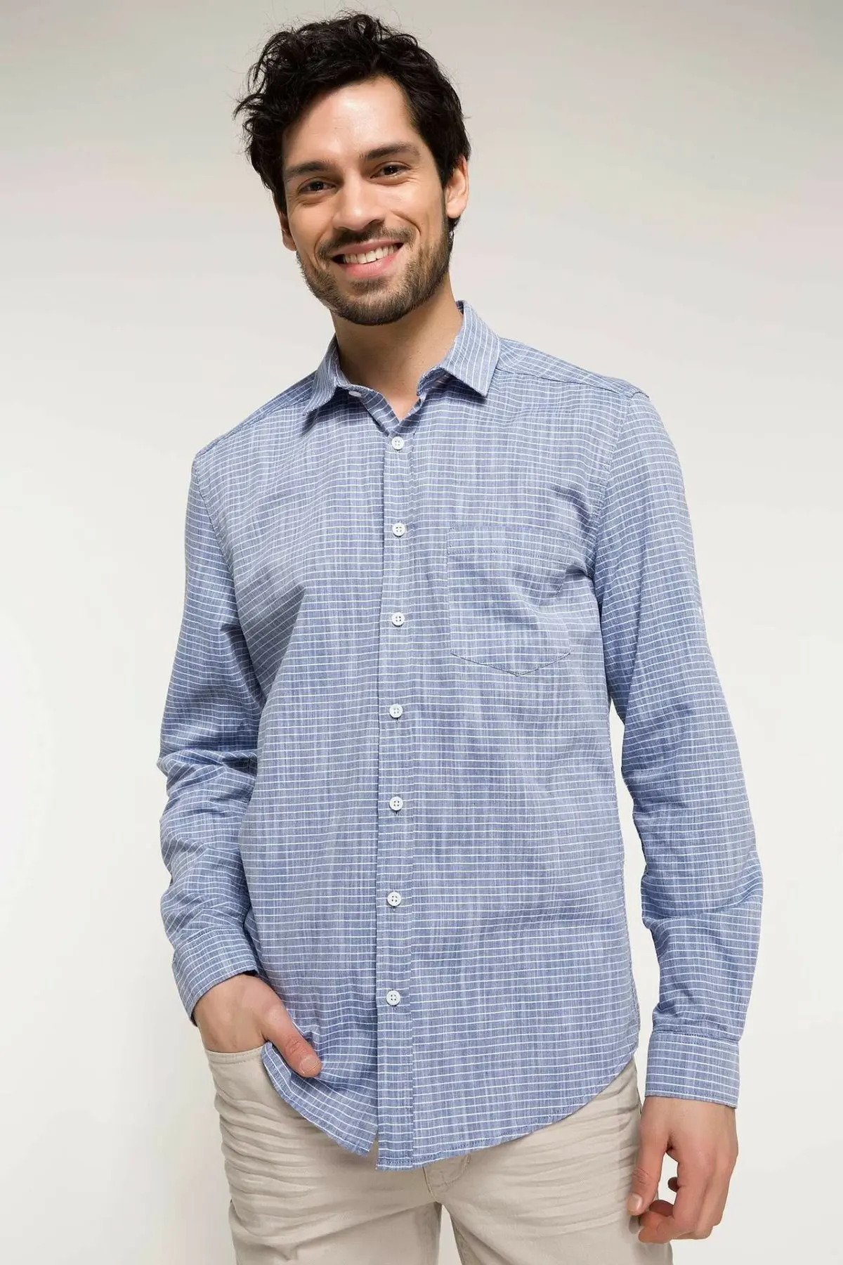 Мужская простая клетчатая рубашка DeFacto Повседневная с длинным рукавом и отложным