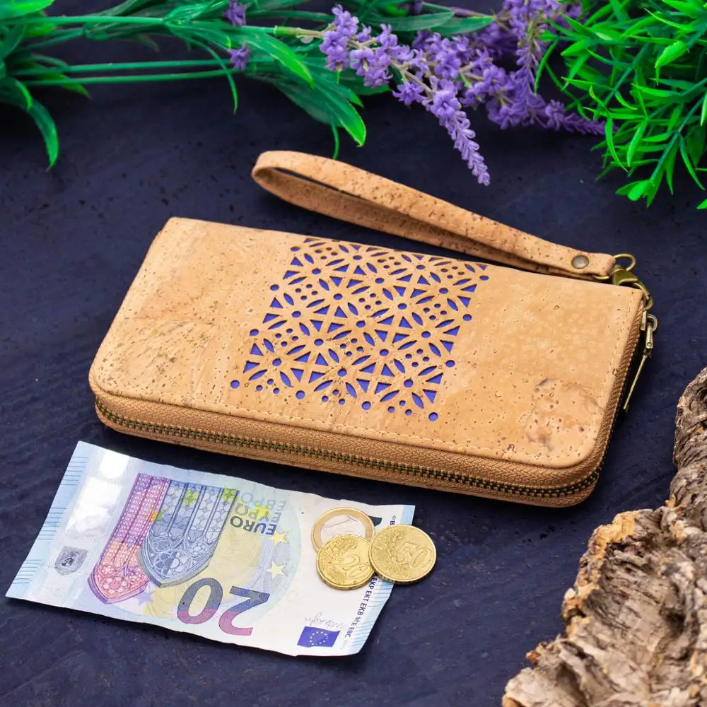 

natural cork wallet woman's card zipper vegan laser cutting hand strap Hollow out cork phone wallet BAG-622