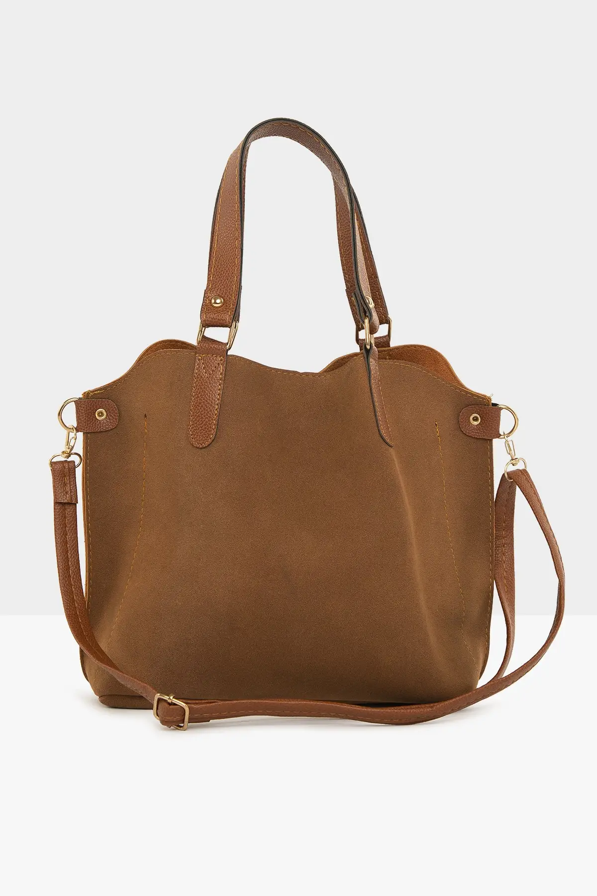 

Tan Female Three Compartment Studs Detailed Nubuck Bag M000003554