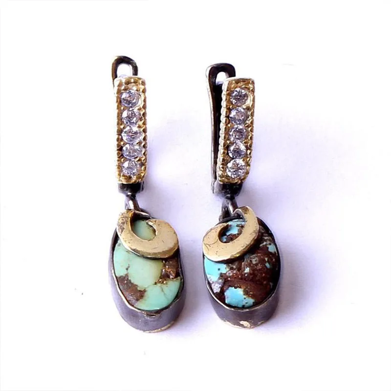 

Женские бирюзовые сережки с покрытием из серебра и золота ручной работы, сережки из серебра, Серьги с драгоценными камнями ручной работы