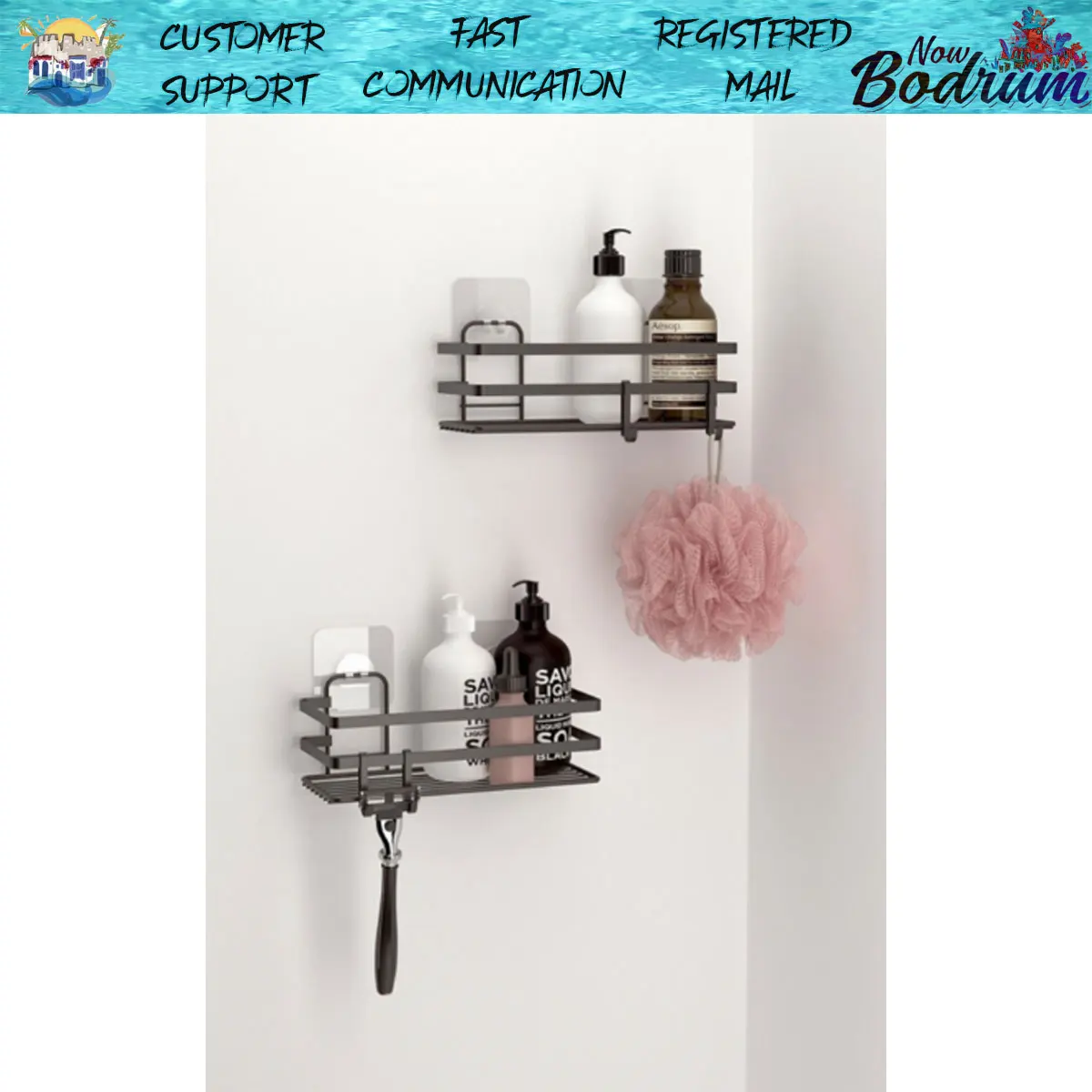 Technotel 2 шт. полки для ванной комнаты с клейкими крючками матовый черный 10 кг