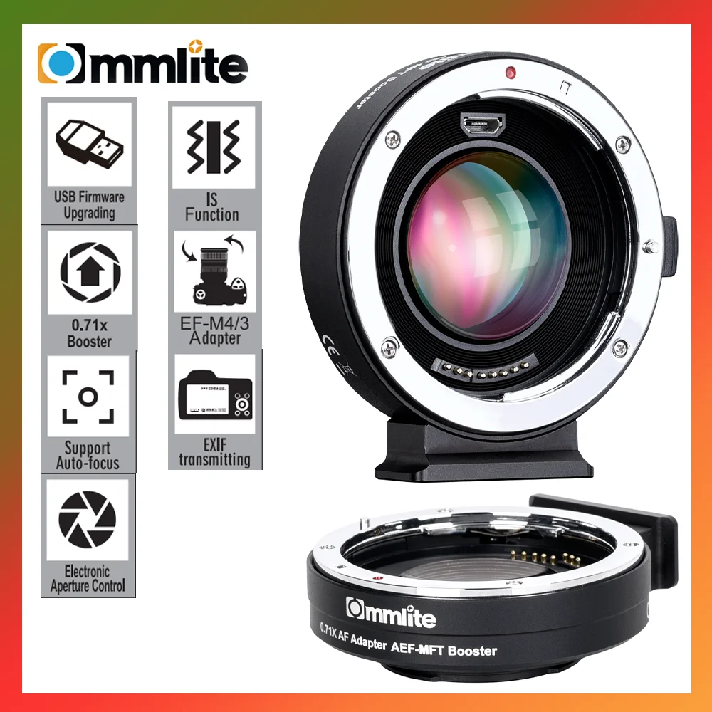 

Commlite CM-AEF-MFT AF EXIF 0.71X уменьшает скорость бустера объектива Кольцо адаптера для объектива Canon EF к Micro Four Thirds M4/3 камерам.