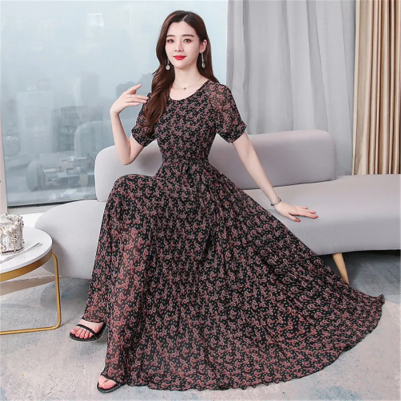 Женское шифоновое платье с круглым вырезом длинное тонкое короткими рукавами и