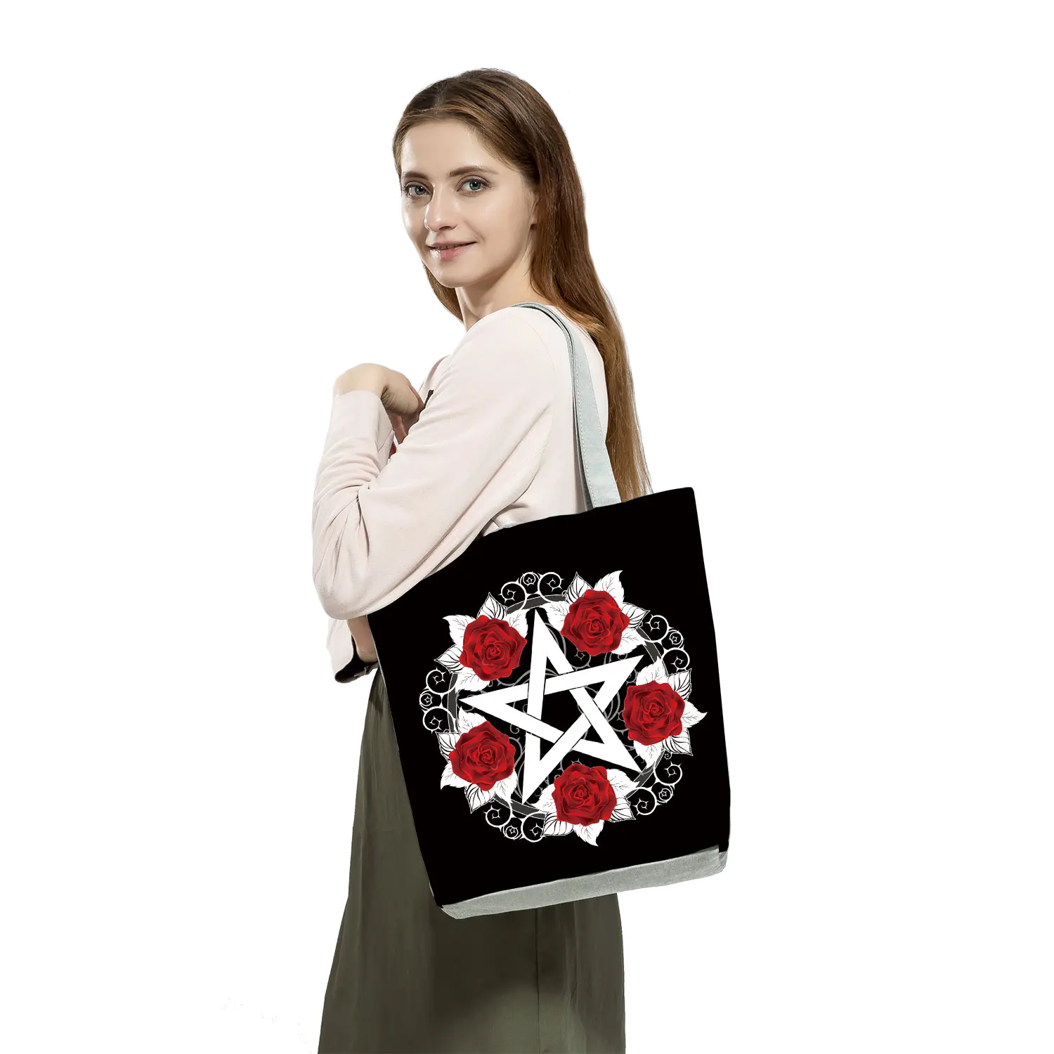 New Fashion Floral Women Black Handbags Red Rose Musical Note Print Tote Graphic Shoulder Bag Female Ladies Casual Shopping Bag