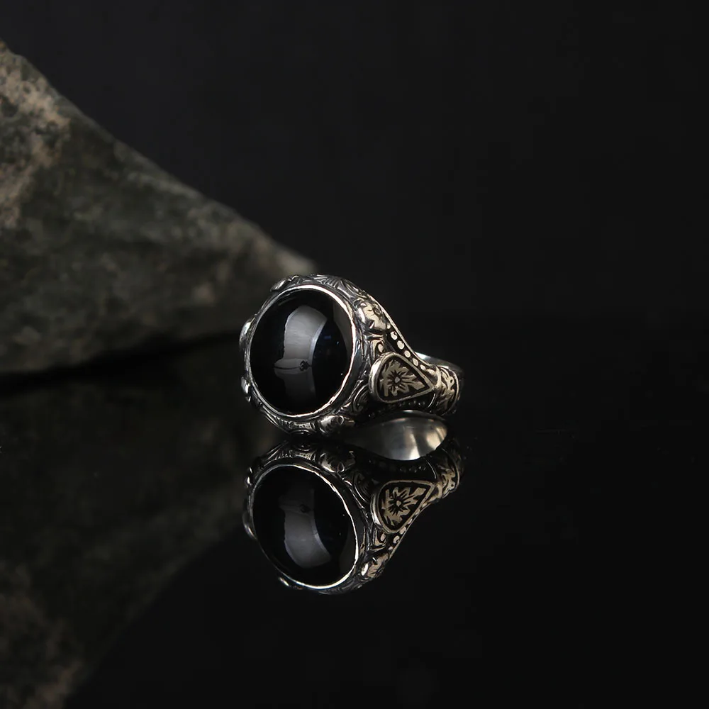 

Black Zircon 925 Sterling Silver With Gold Plate Engraved Traditional Handmade Turkish Signet Ring Jewelry Gift for Women Men