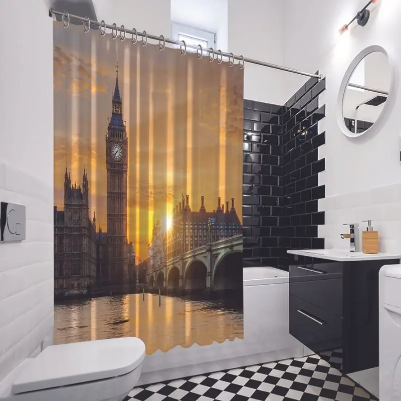 Shower Curtain Big Ben and Westminster Bridge Sunset at London UK Historic Capital City Evening View Yellow Brown | Дом и сад