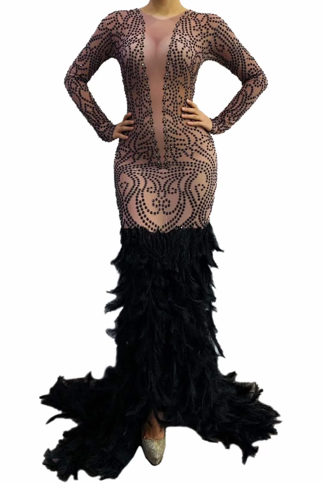 

Black Feather Mermaid Long Dress Sparkly Rhinestone Skinny Sexy Women Wear Nightclub Bar Singer Dancer Stage Costume