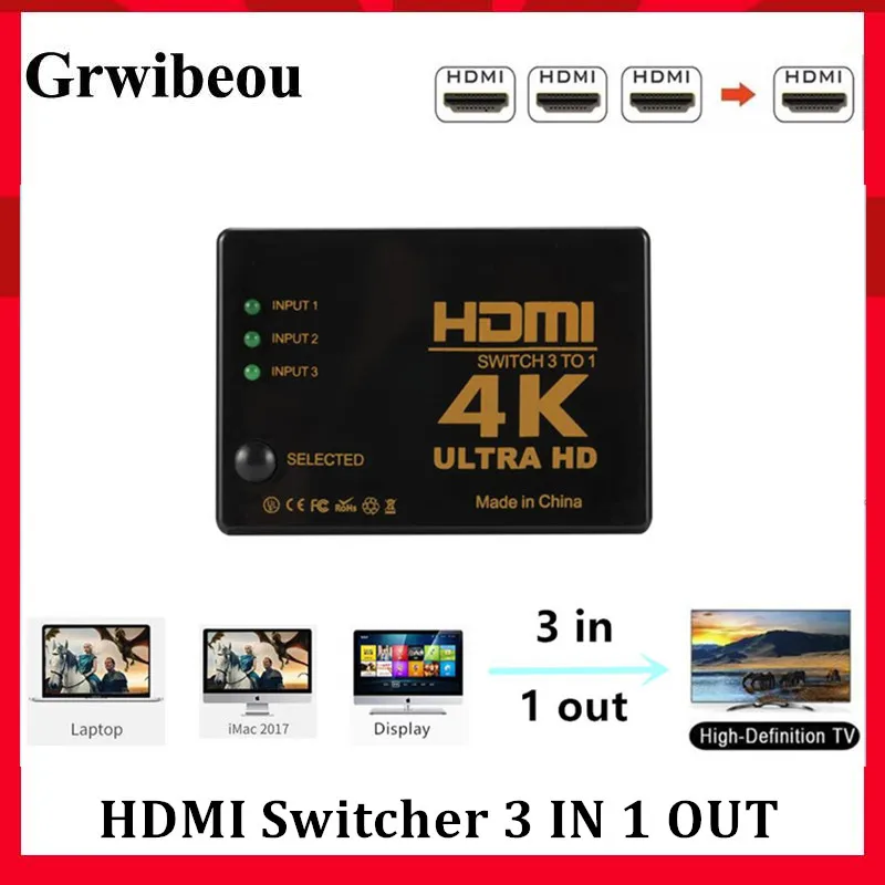 

Grwibeou 3 Port 4K*2K 1080P Switcher HDMI Switch Selector 3x1 Splitter Box Ultra HD for HDTV Xbox PS3 PS4 Multimedia HOT Selling