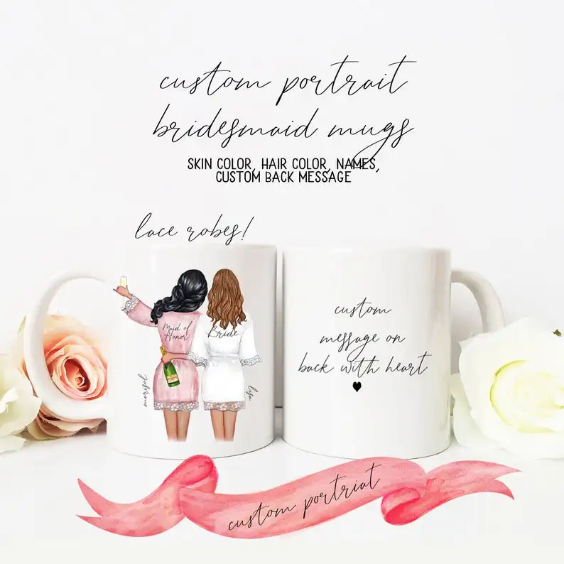 

Custom Portrait BRIDESMAID mugs,Bride with Bridal Party Holding Champagne,Customize Hair, Skin, Robes, Names, Back,LACE ROBES
