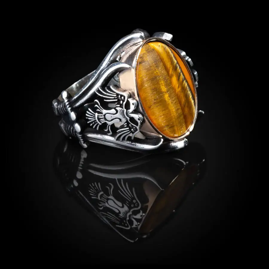 

Oval Yellow Tiger Eyes Gemstone Men Silver Ring Sword Model Men Ring Double Eagle Style Jewelry Animal Silver Ring