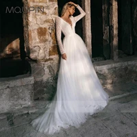 mqupin sexy v neck long sleeve wedding dress 2022 tulle illusion back button lace appliques a line bridal gown beach a83