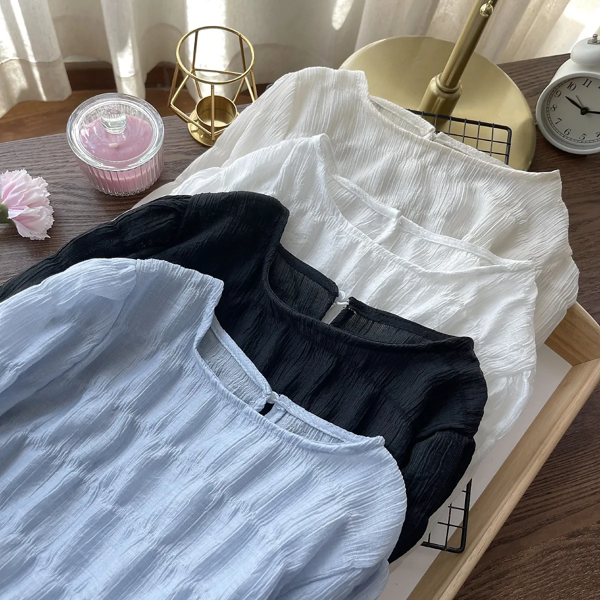 

Semi-permeable bottoming shirt Dan Ya solid color shirt blouse lace chiffon shirt