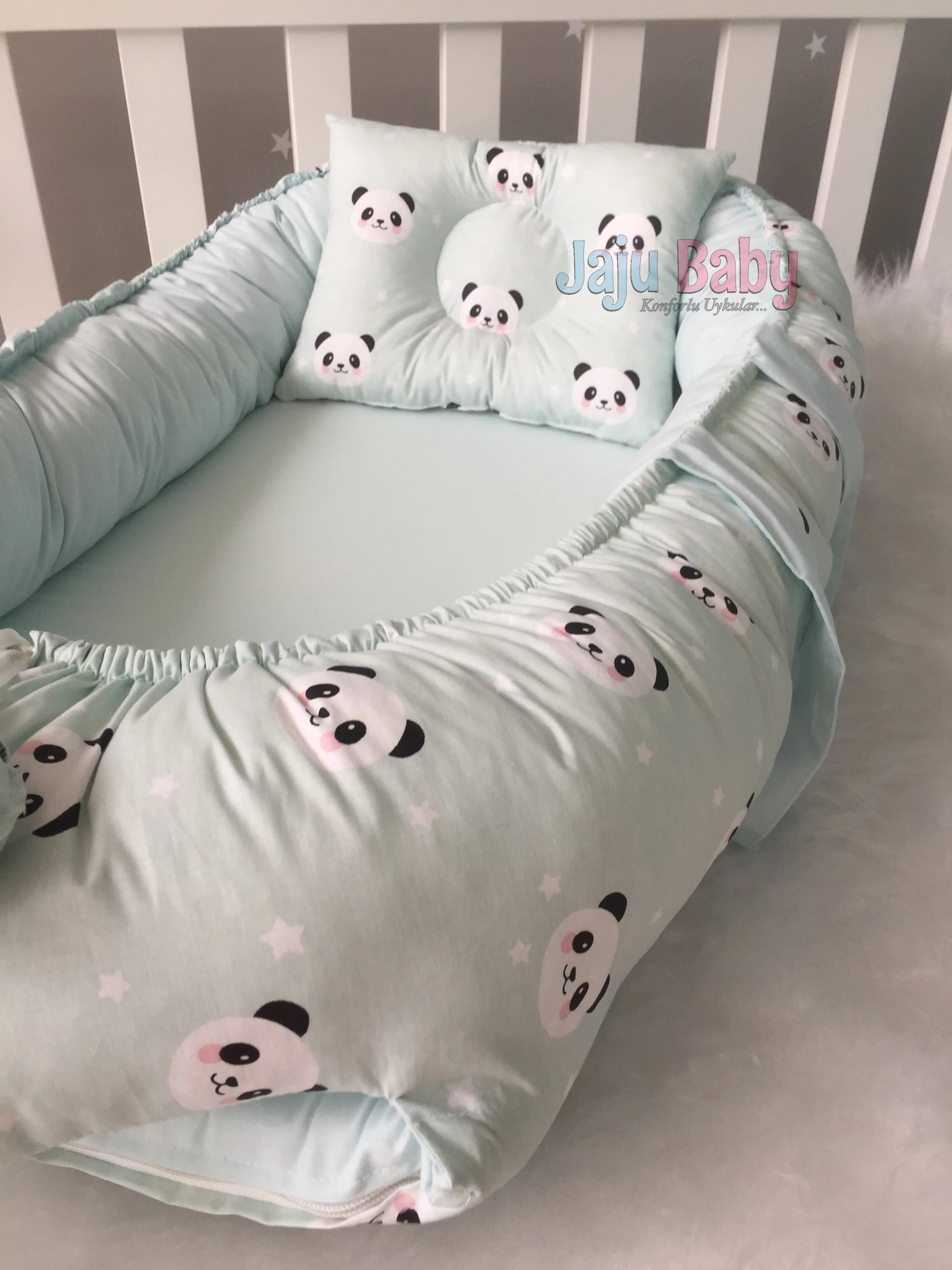

Jaju Baby 100X60 Green Panda Design Luxury Orthopedic Babynest Maternal Side Baby Bed