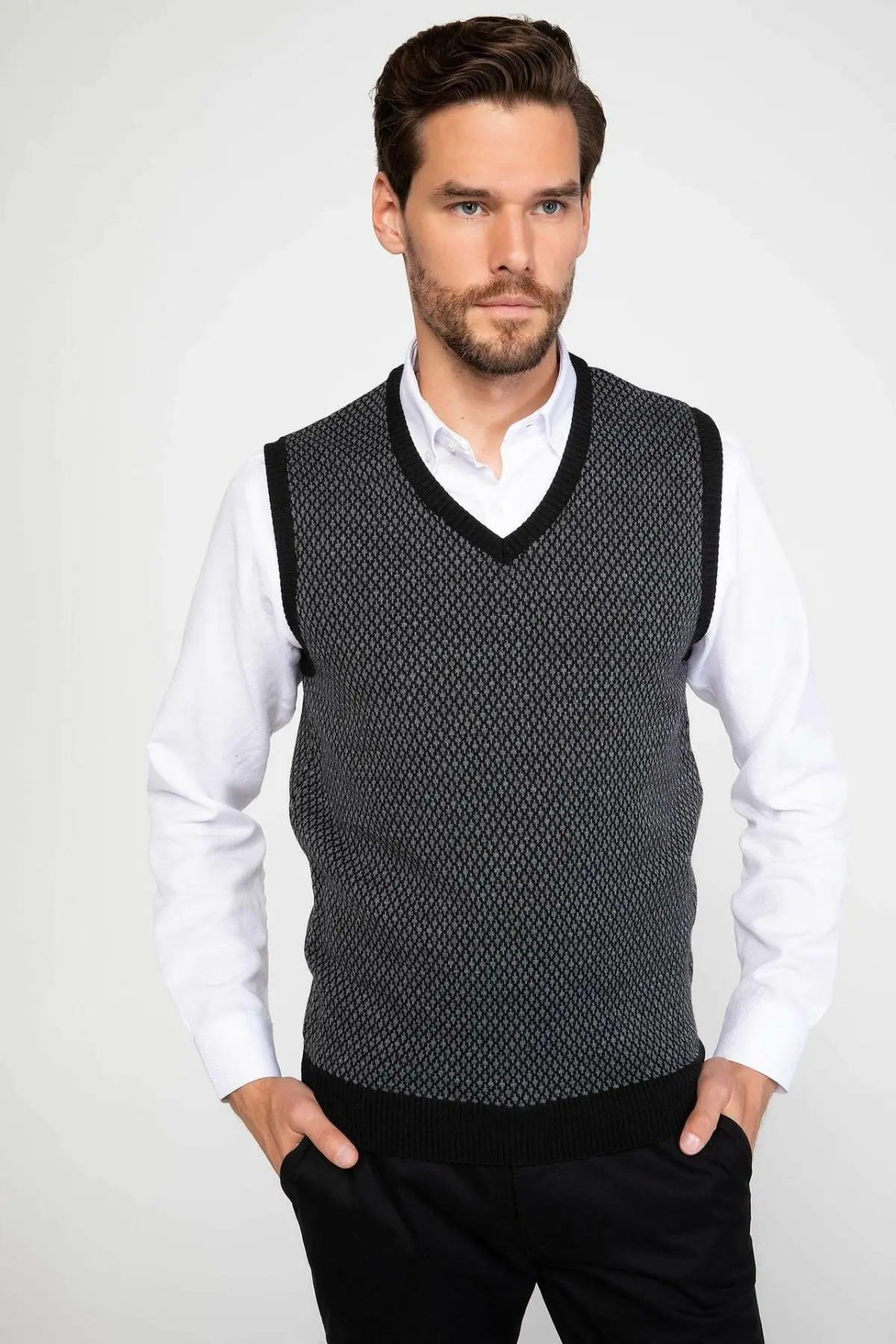 Дефакто мужской формальный вязаный свитер с v образным вырезом жилет модный