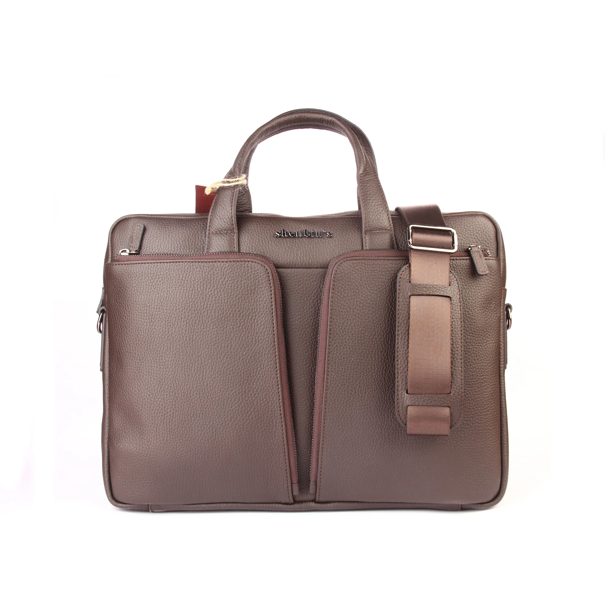 Men's Brown Messenger Bag, Genuine Calf Leather, Briefcase, 30x40 cm, Double Front Pocket, Business Documents Laptop Mobile