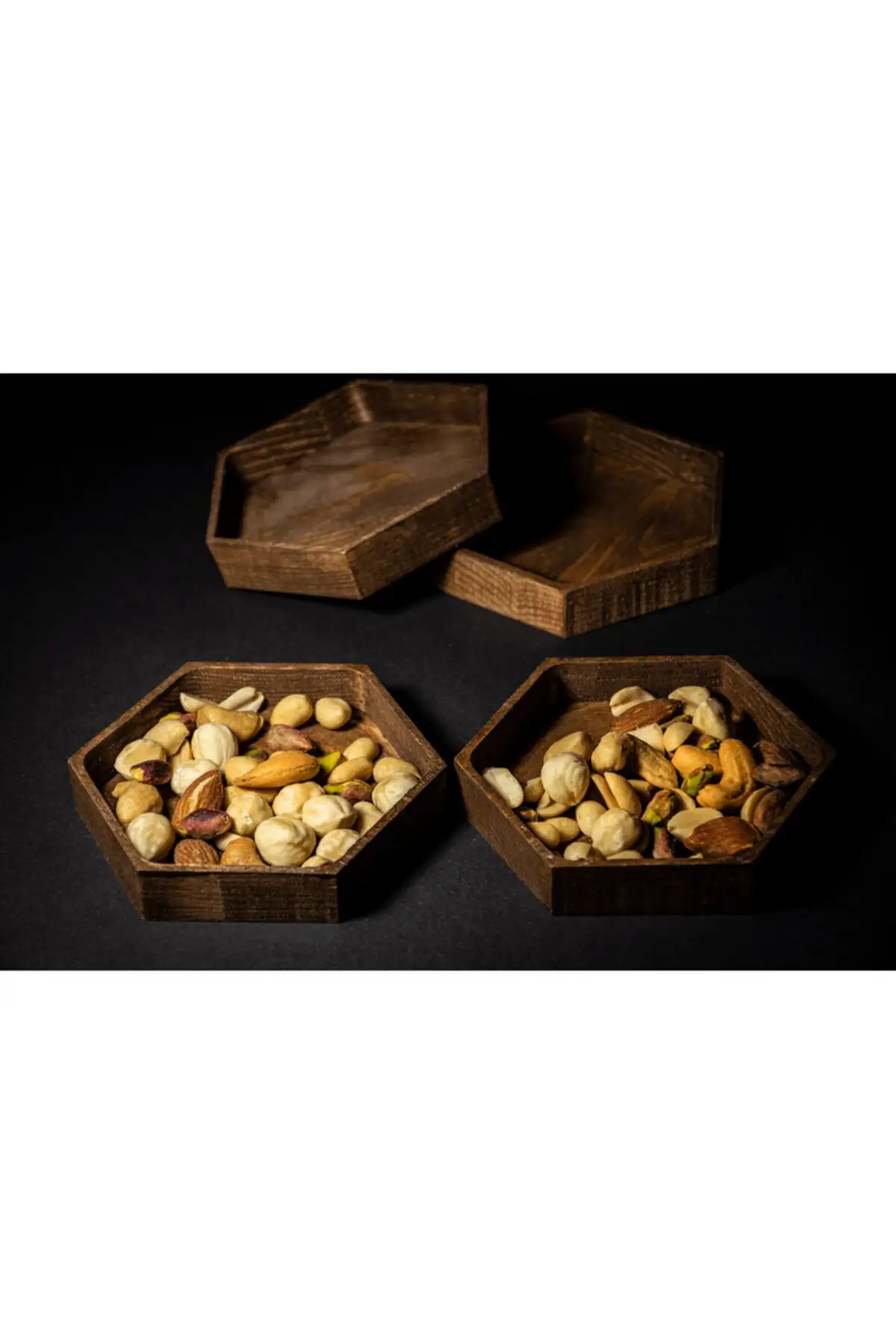 Wooden Snack Plate Fruit Nuts Presentation Plate Rustic 4-Piece Solid Wood Carved Hexagon
