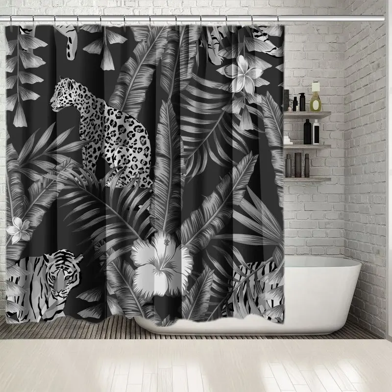 Занавеска для душа леопард и тигр в тропическом лесу листья цветы Гибискус дикие