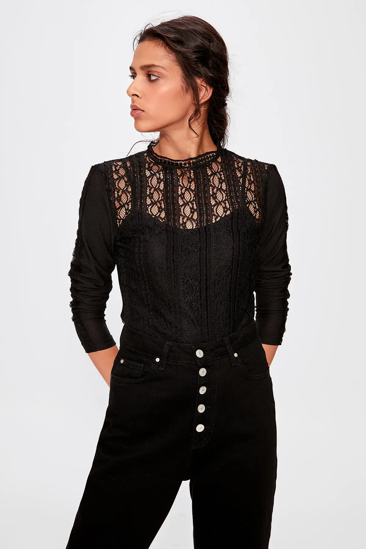 Черная трикотажная блузка с рюшами TWOAW20BZ0334|Блузки| |