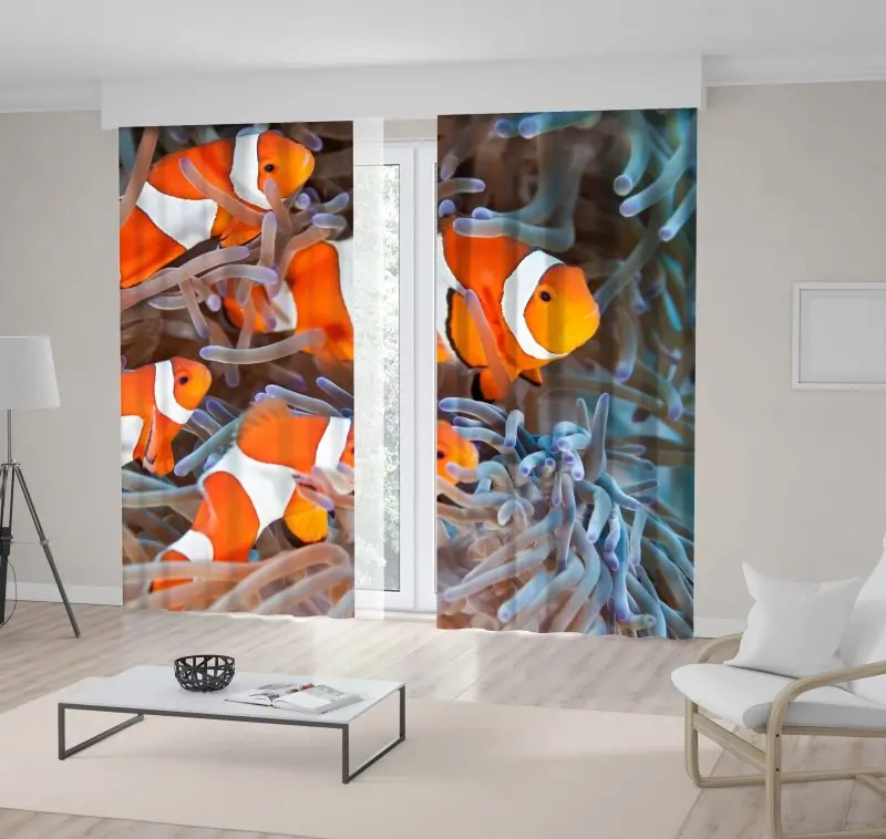 

Curtain Clownfish Underwater World Plants Fish Colorful Nature Photo Printed Orange White Gray